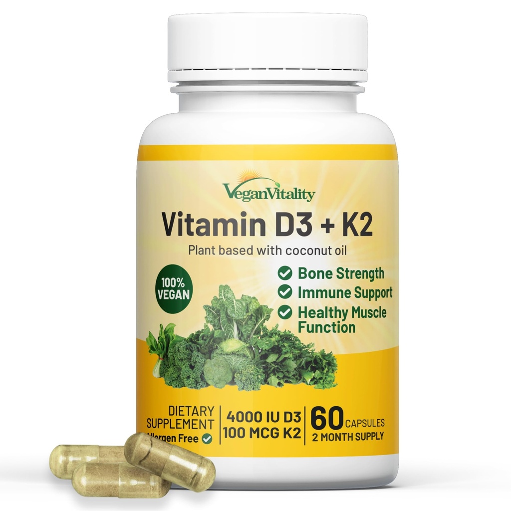 Vitalidade Vegan Vitamina D3 K2 4000UI (100mcg) com óleo de coco, 100% baseado em plantas Vegan Vitamina D para Vegan e Vegetariano - 60 Cápsulas
