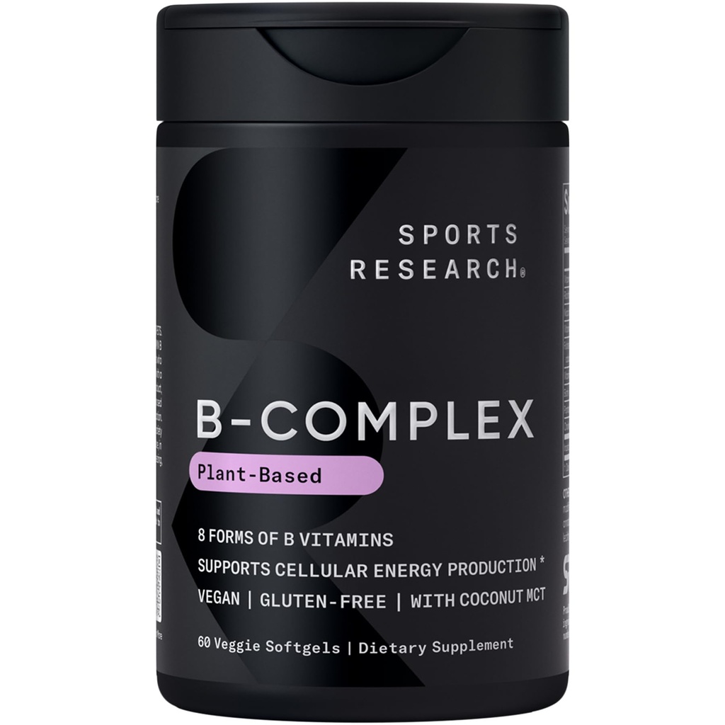 Sports Research® Vitamina B-Complexo - Espetro completo de vitaminas B com metilado B12 & Folato - Gluten Free · Baseado em plantas · Não-GMO · Fórmula Vegan-Amigo - 60 Veggie Softgels