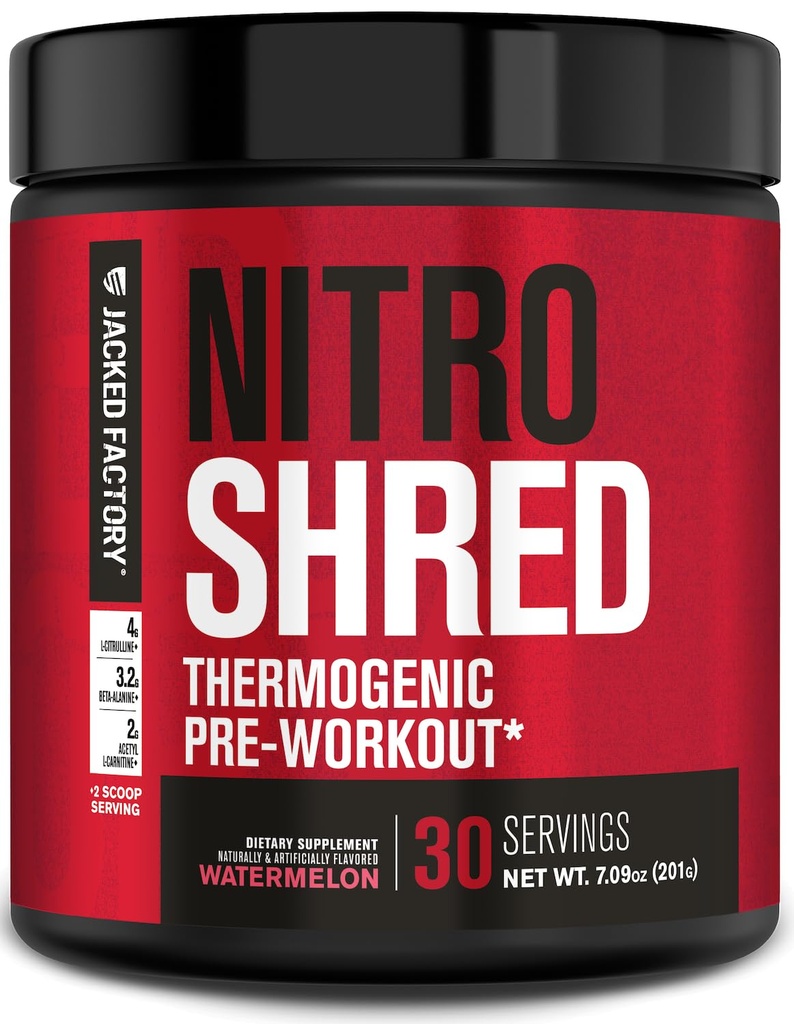 Fábrica Jacked NITROSURGE Shred Pre Treino Suplemento - Fortalecimento de Energia, Ganhos de Força Instantânea, Foco Sharp, Bombas poderosas - Nitric Oxide Booster & Pré-Workout Pó - 30Sv, Melancia