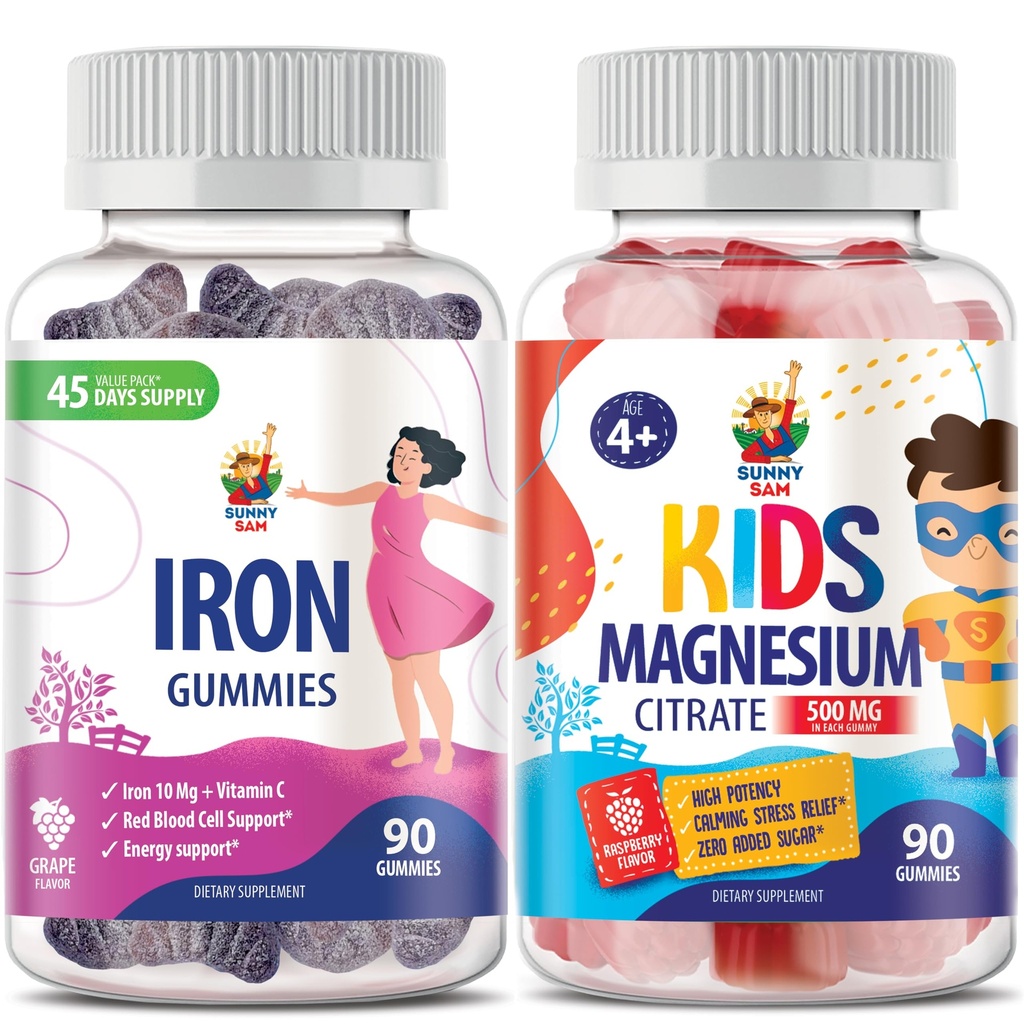 Pastilhas de magnésio para crianças 500mg & Pastilhas de ferro para adultos - Vitaminas de ferro com vitamina C