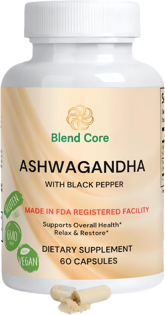 Ashwagandha com Pimenta Negra Suplementos Ashwagandha – 60 Count Pure Ashwagandha Cápsulas para Apoio Imune, Energia Boost – Não-GMO Vegan Friendly Ashwagandha Complexo