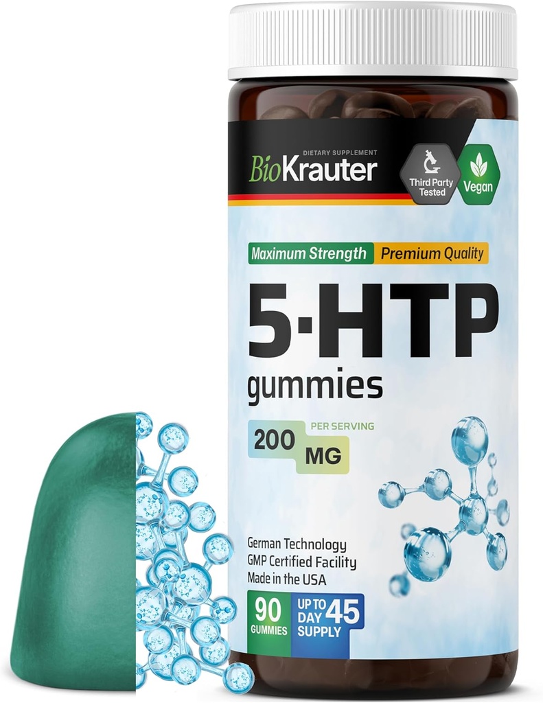 BIO KRAUTER 5 pastilhas suplemento HTP - 200 mg de força - 90 Vegan Chews - Apoio de relaxamento 5HTP Plus L Suplemento de triptofano - Fórmula baseada em pectina