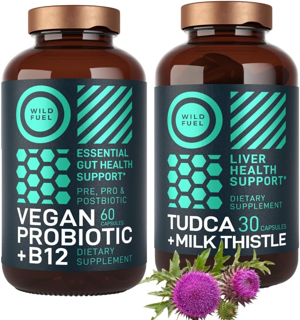 WILD FUEL TUDCA com suplemento de cardo de leite e Vegan Probiótico Plus B12 Geral Liver Cleanse e Gut Health Bundle