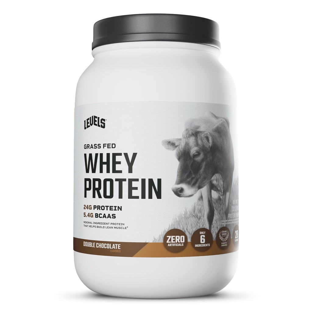 Níveis de grama alimentado Whey Protein Pó, Sem artificiais, 24G de proteína, Chocolate duplo, 2LB
