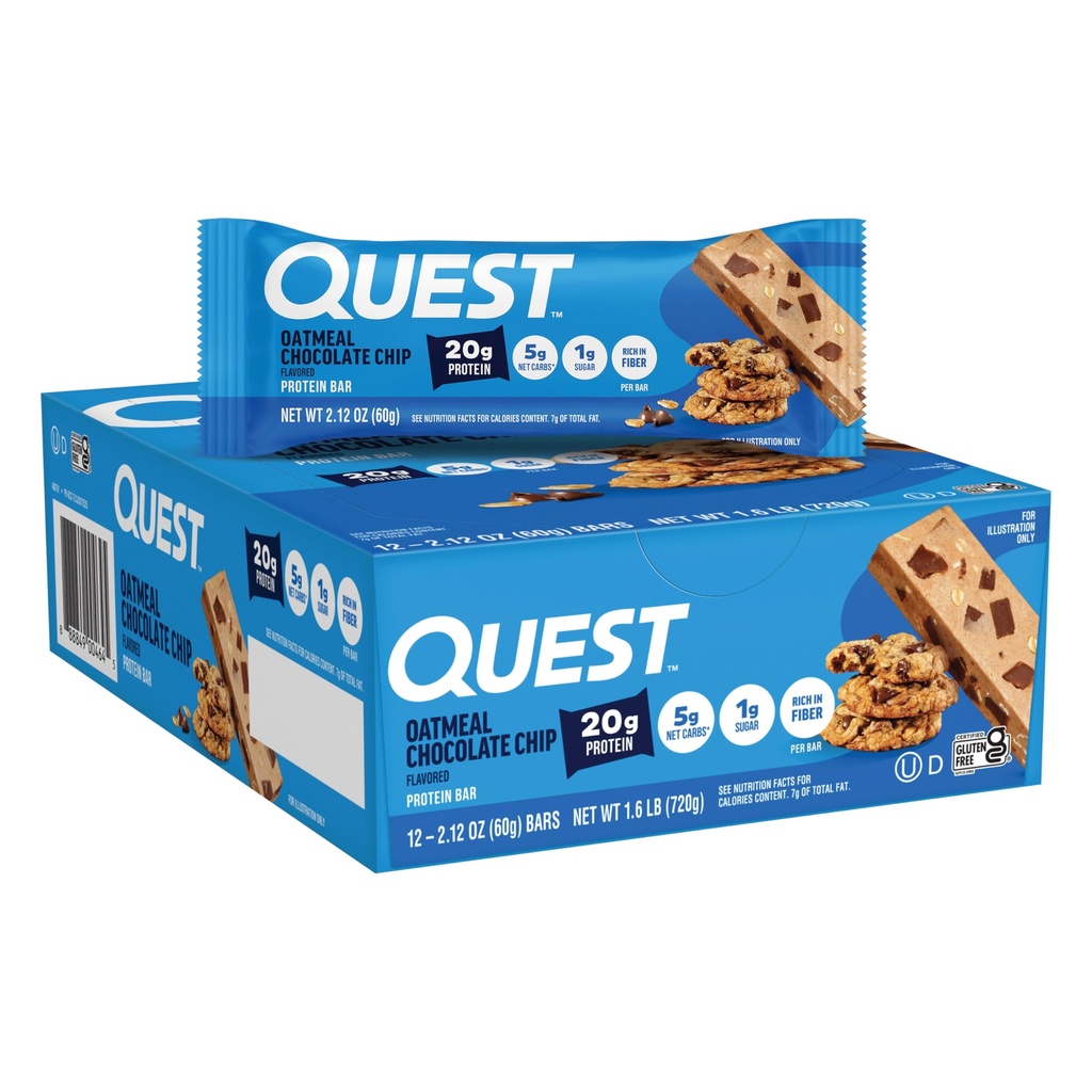 Quest Nutrição Aveia Chocolate Chip Protein Bares, 20g de proteína, 1g de açúcar, 5g de carboidrato líquido, Sem glúten, Keto Friendly, 12 contagem