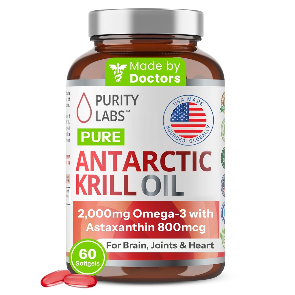Laboratório de Pureza Óleo de Krill Antártico 2000mg Omega-3 com Astaxantina 800mcg Suplementos para apoiar a memória- Rico em Ómega 3, ácidos gordos, DHA, EPA e fosfolipídios - 60 Softgels