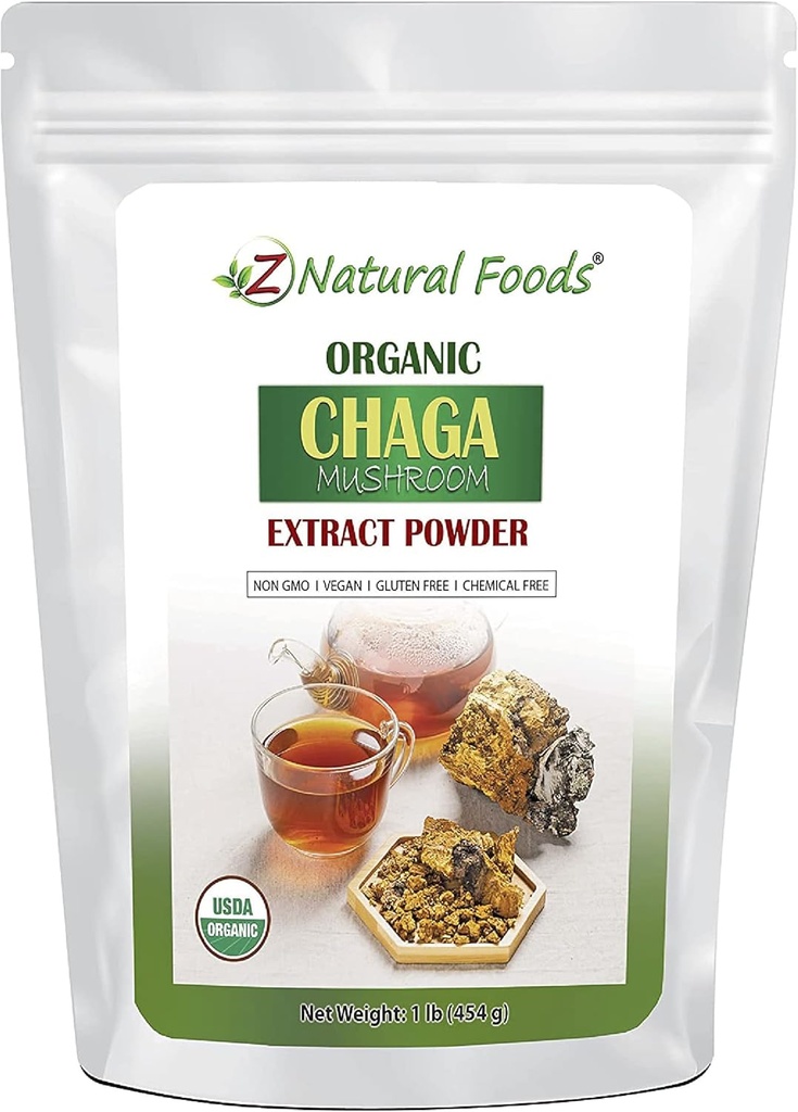 Z Natural Foods Organic Chaga Mushroom Extract Powder, concentrado Premium Mushroom Extract para apoiar a saúde imune, Energizar sua manhã, adicionando-o ao café e chá, 1 lb