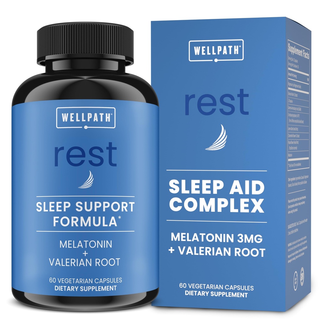 WellPath Rest Valerian Root Sleep Aid for Adults with Melatonin & L-Theanina . Pílulas para dormir naturais e ervas com força extra .