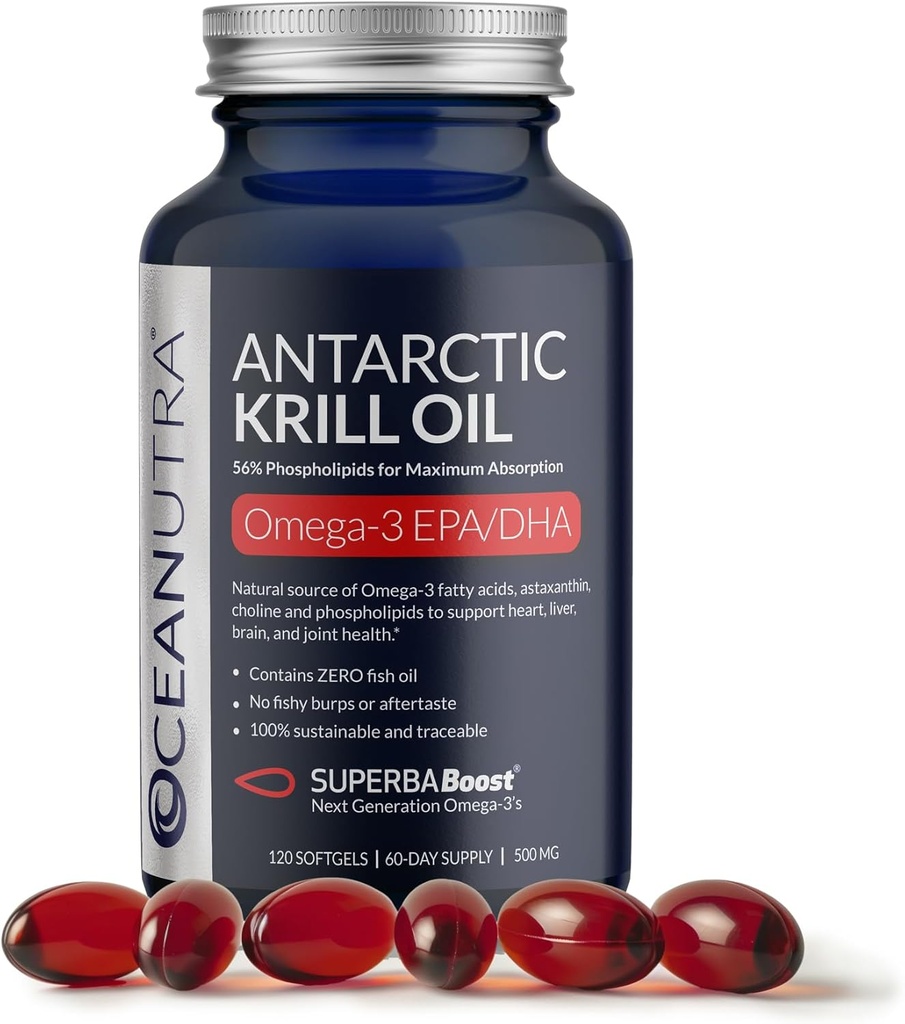 Wild Caught Antárctico Krill Oil 500mg Softgels, SuperbaBoost Omega 3 Suplemento, EPA & DHA, Astaxantina, Cholina, 56% Fosfolipídios, Sustentável, Sem óleo de peixe, Vanilla Flavor (60-Dia de fornecimento)