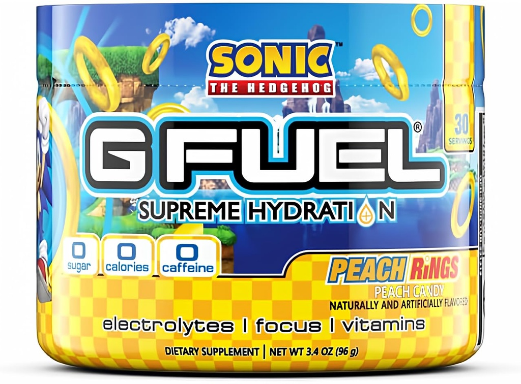 G Combustível Sonic Anéis de pêssego Hidratação Suprema, Mistura de Pó de Eletrolítico para Energia e Foco, Açúcar e Cafeína Suplemento gratuito com vitaminas e minerais essenciais, Anéis de pêssego sabor, 3.4 oz - 30 Servings