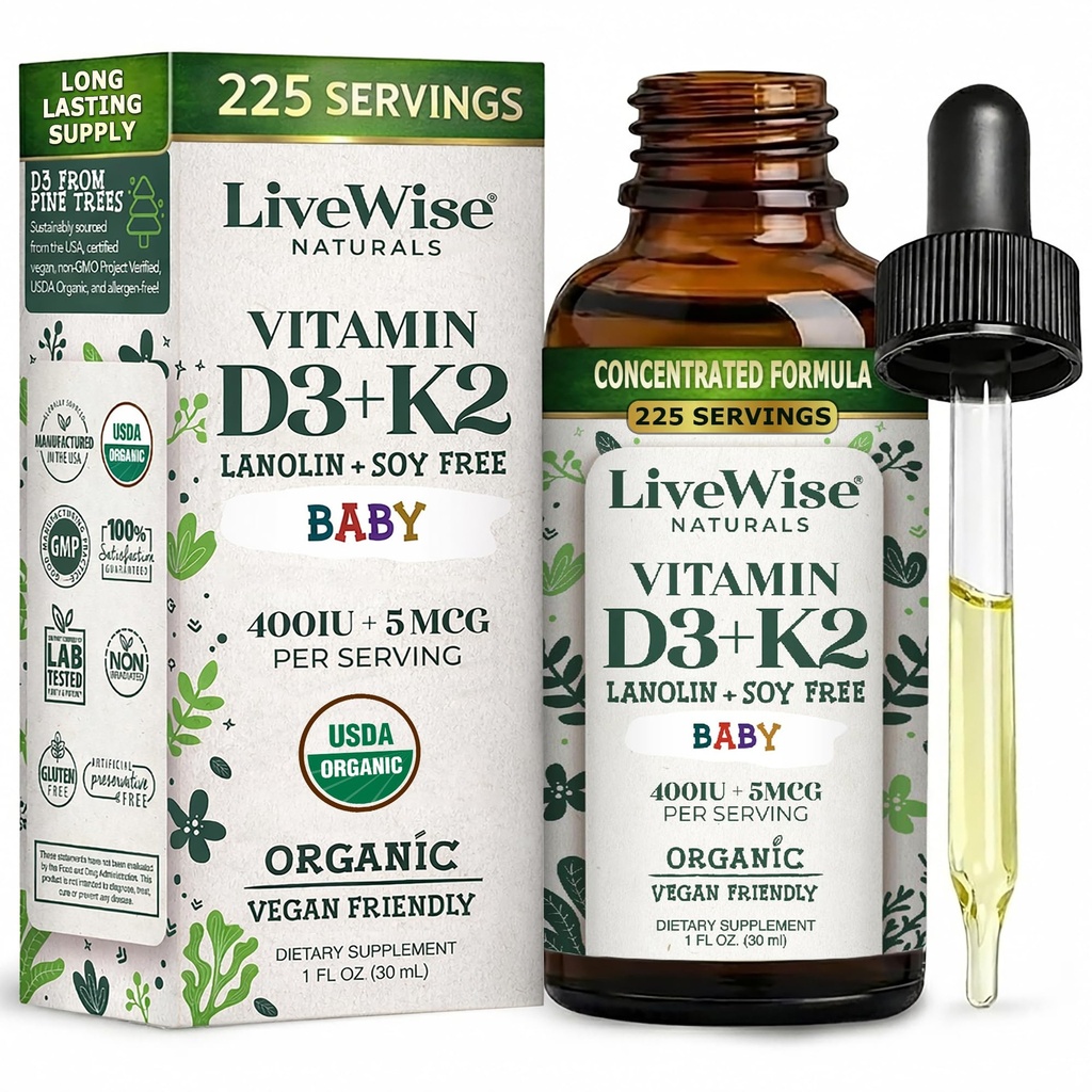 LiveWise Naturals Vitamina D3-K2 Suplemento líquido, gotas de vitamina para lactentes e crianças, para o crescimento saudável, desenvolvimento e bem-estar diário, Dropper fácil de usar em garrafa de vidro, 1 Fl Oz