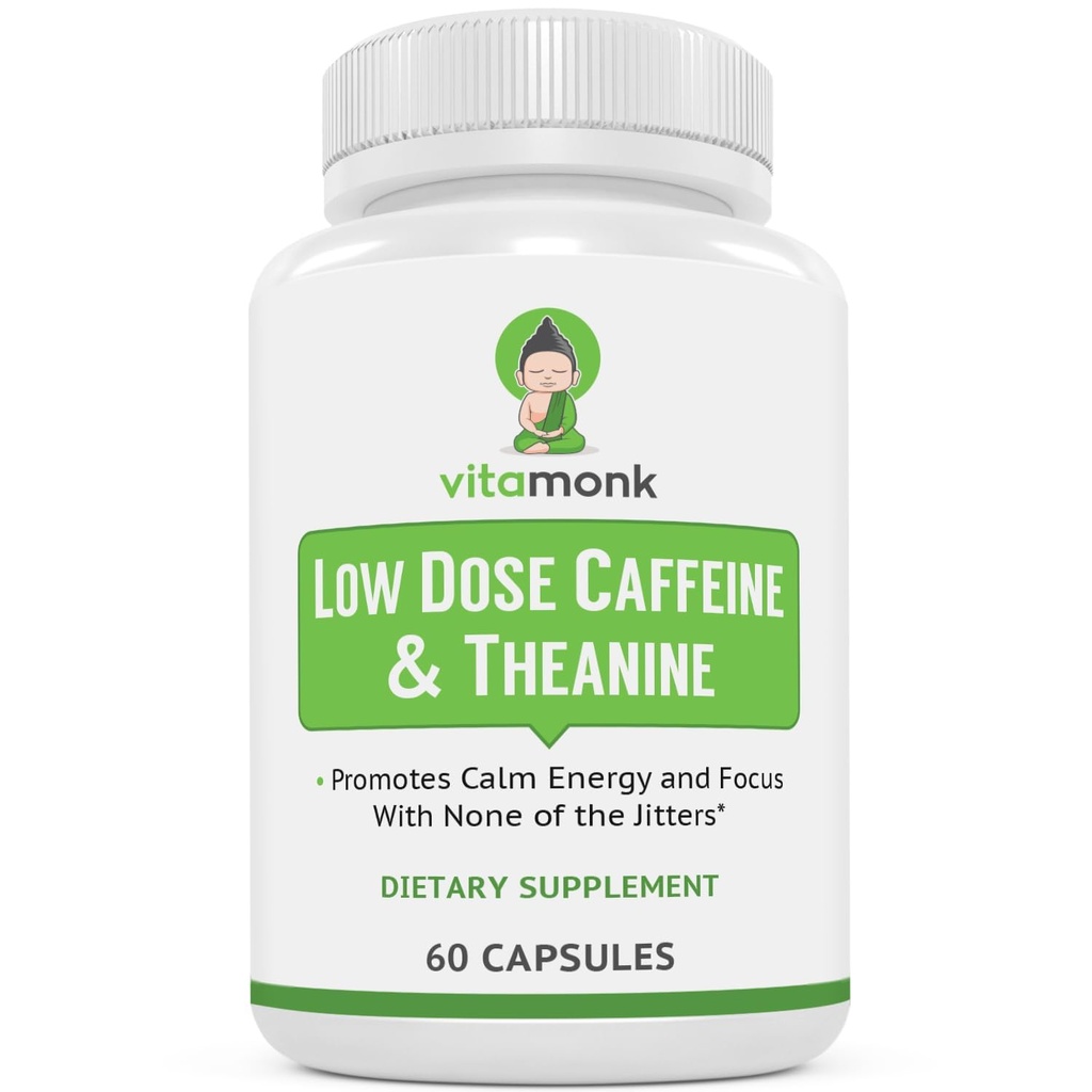 VitaMonk Cafeína de dose baixa e Teanina - Sem Jitters, Sem Microdose de Cafeína L Pílulas Teanina com Cafeína Theanina e Teobromina - 25mg de Cafeína, Cafeína Pílulas L Theanina - 60 Caps