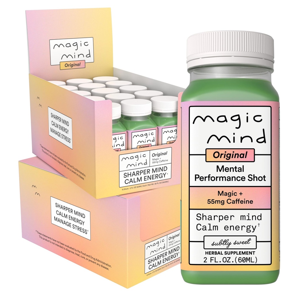 Mágica mente foco energia bebidas shots - Sem jitters, alívio de estresse, Ashwagandha, cogumelos funcionais, Matcha chá verde, vitamina B12, vitamina C - 2 FL Oz (30 Pack)