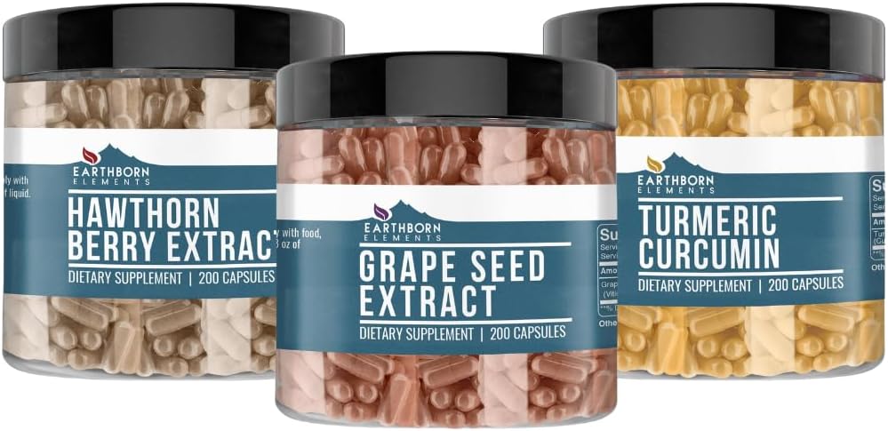 Elementos nascidos na Terra Sementes de uva, Hawthorn Berry, & Turmeric Curcumin Cápsula Bundle (200 Cápsulas Cada), Puro e não diluído, Sem aditivos
