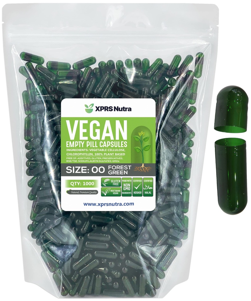 XPRS Nutra Tamanho 00 Cápsulas Vazias - 1000 Contagem Cápsulas Veganas Vazias - Pílulas Vegetarianas Vazios - DIY Cápsulas Vegetais Preenchimento- Veggie Pill Caps (Forest Green)