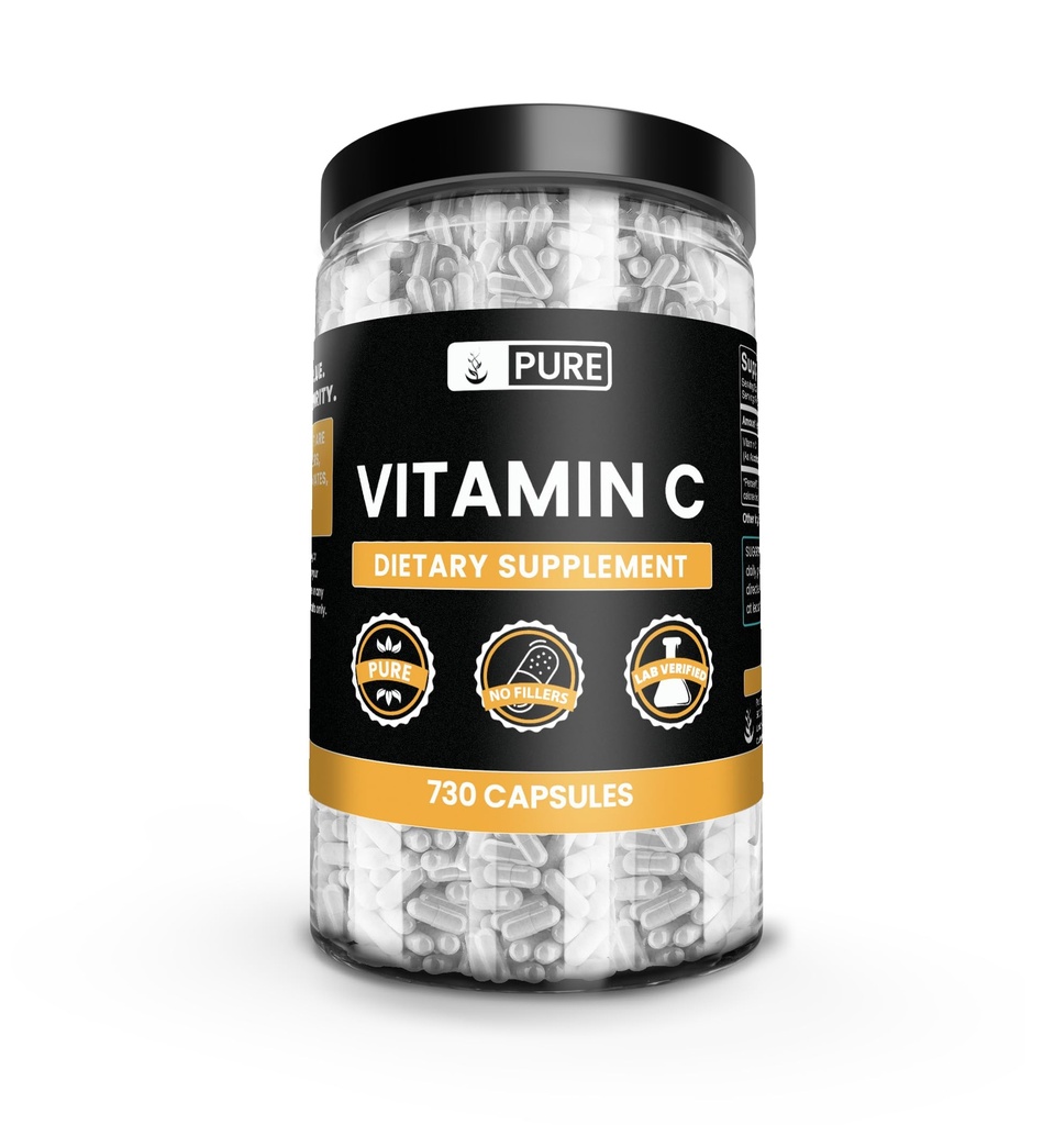 Ingredientes originais puros Vitamina C (730 Cápsulas) Sem enchimento de magnésio ou arroz, sempre puro, laboratório verificado