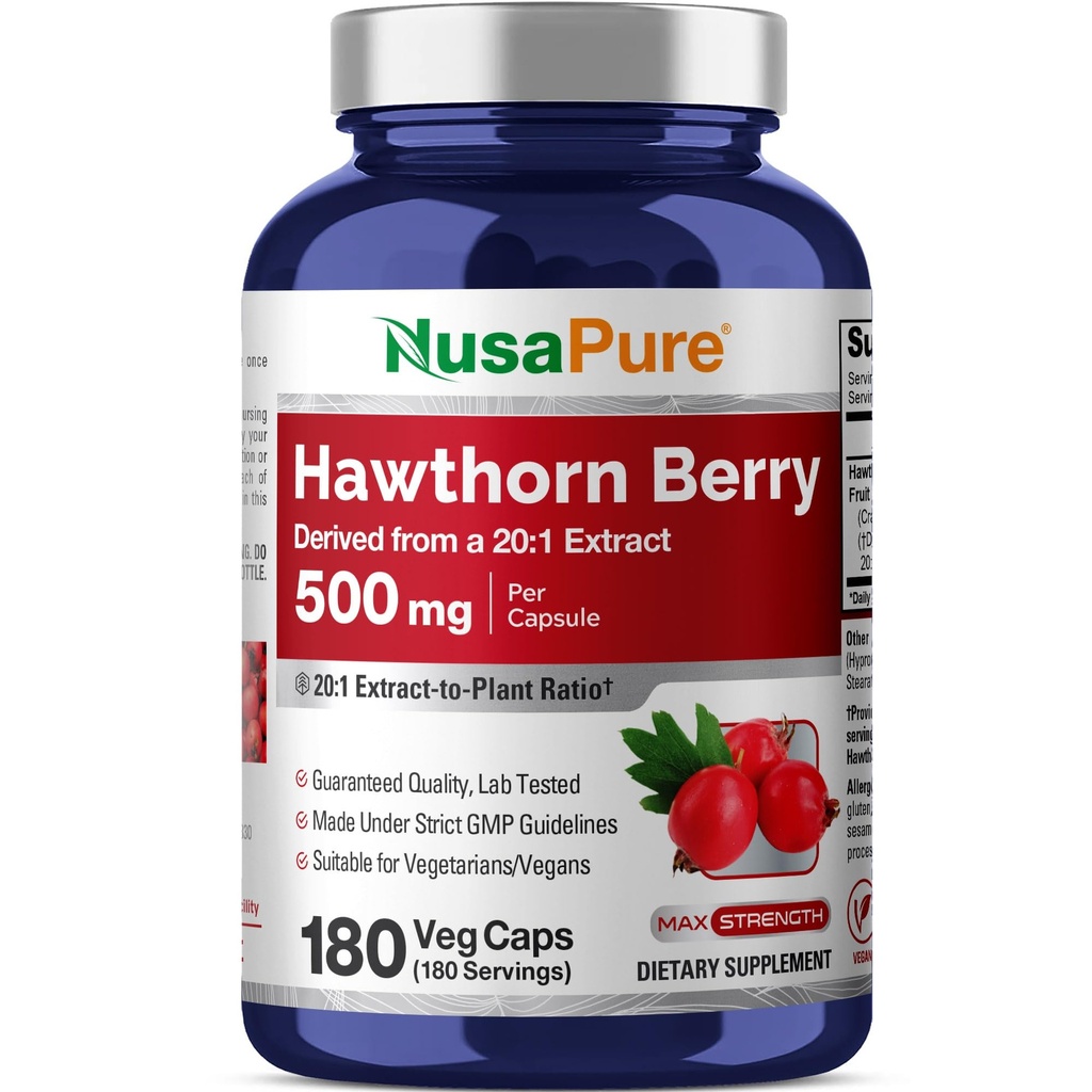 NusaPure Hawthorn Berry 20:1 Extrato, 500 mg Equivalente a 10.000 mg 180 Veg Caps, Adequado para vegetarianos, Vegan, Suplemento dietético não-GMO