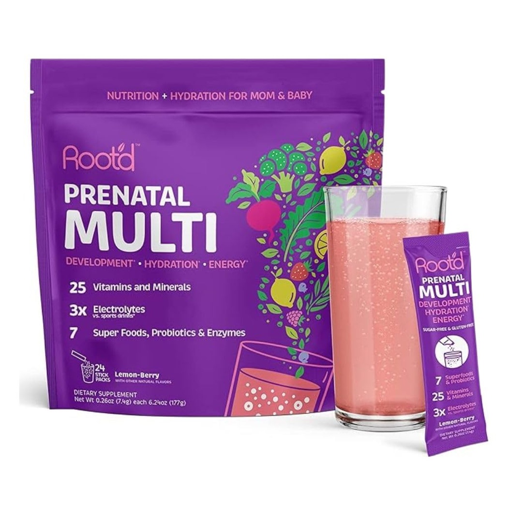 Pó de multivitamina pré-natal enraizado com eletrólitos 3X - 25 vitaminas e minerais, folato, ferro, vitamina D3, 7 superalimentos e probióticos, vitaminas sem açúcar e hidratação