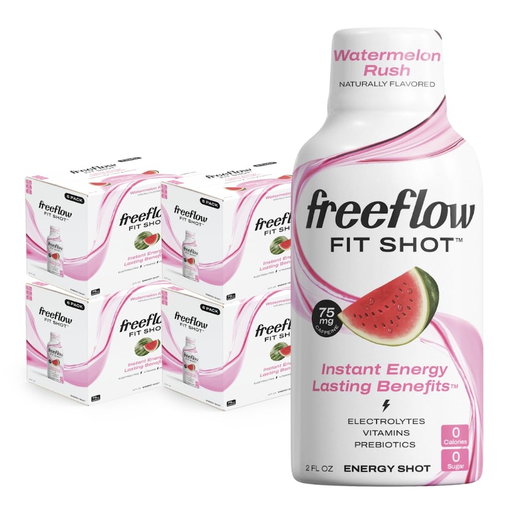 Freeflow Fit Energy Shots, Watermelon Rush, Natural Caffeine Boost com L-theanina, Ginseng, Vitaminas, Prebióticos, Eletrolitos (24 conta, 2 onças shots)