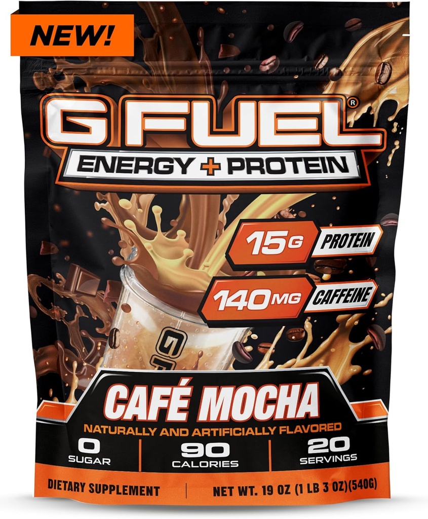 G Fuel Protein + Energy Drink Powder, Mix de cafeína pré-treino para jogos, Sugar Free Focus Amino, Vitamina + Antioxidantes, 19 onças (Cafe Mocha, 20 Servings)