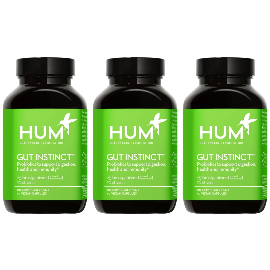 HUM Gut Instinto Probióticos Diários para Mulheres e Homens, Saúde Digestiva, Lactobacillus, Bifidobacterium Strains para Apoio Imune, Suplemento Probiótico para Diversidade Gut Saudável, 90 Cápsulas