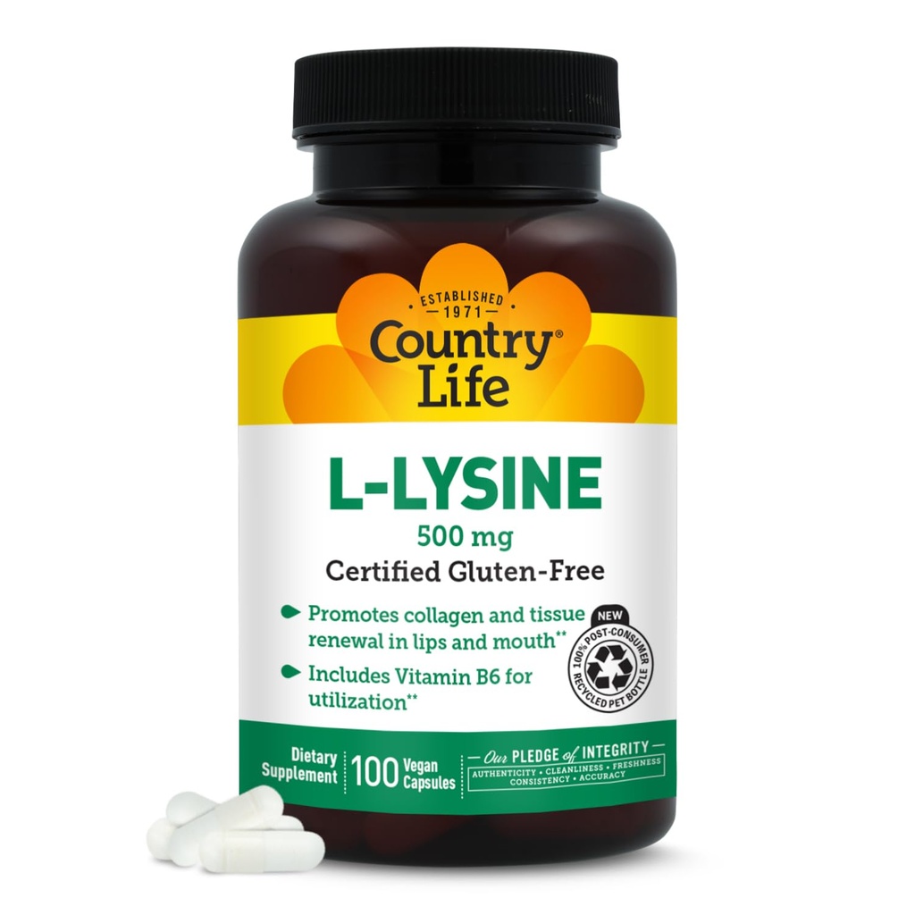 País Vida L-Lysine 500mg com B-6, Suporta Saúde Imune, Promove Renovação de Colágeno em Lábios e Boca, 100 Cápsulas Vegan, Certificado Glúten Grátis, Certificado Vegan