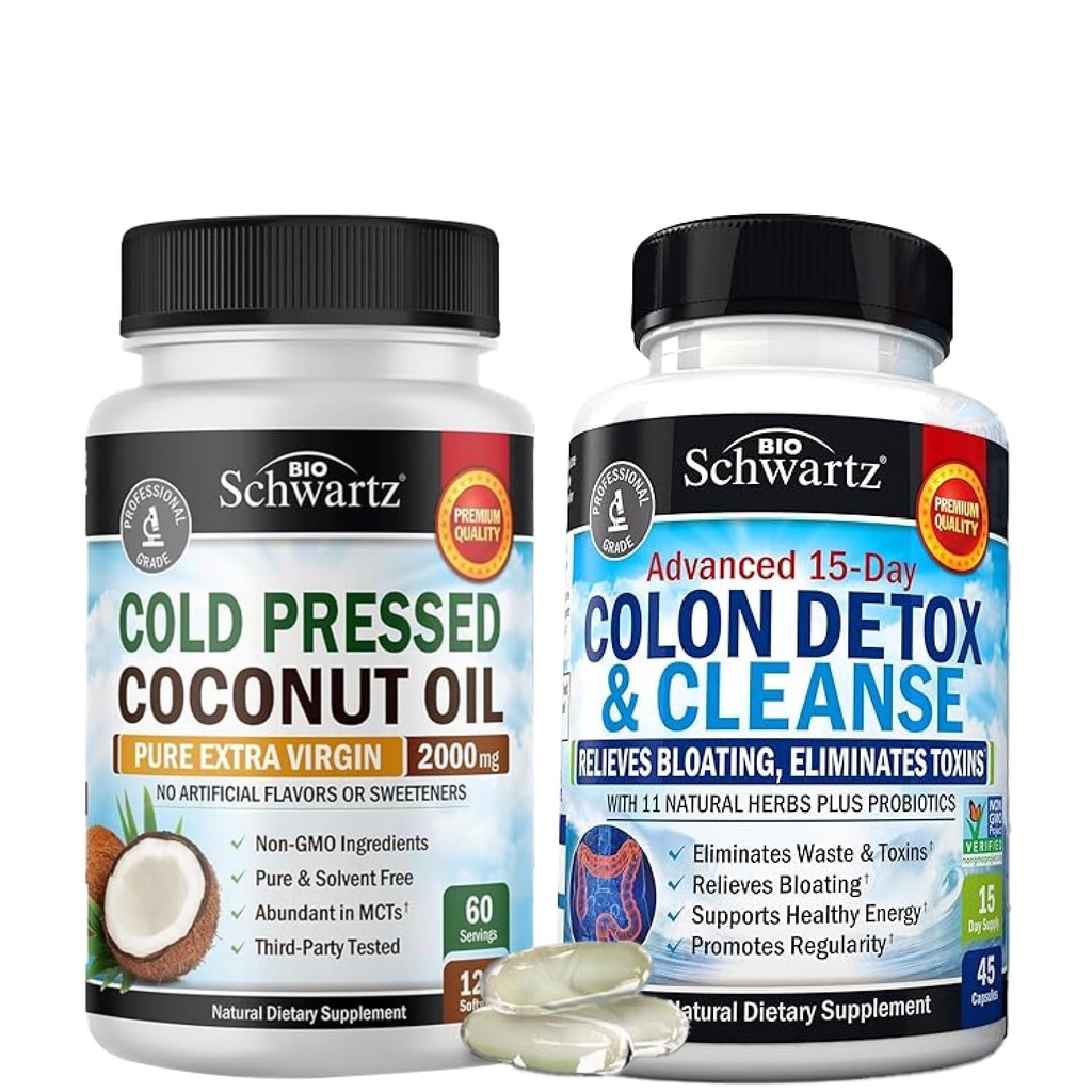 BioSchwartz 15 dias de limpeza para Colon e Gut Health Plus Cold Pressed MCT Coconut Oil Cápsulas (2 Mês de Fornecimento)