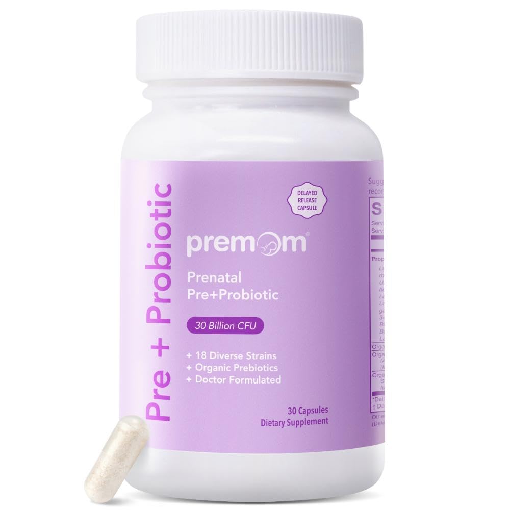 Premom Pré-Natal e Probióticos para Mulheres: 18 diferentes Prebióticos Orgânicos Strains - Suporta Digestivo, 30 bilhões UFC, Gut & Imune Saúde para Mãe e Bebê - Cápsulas Diárias
