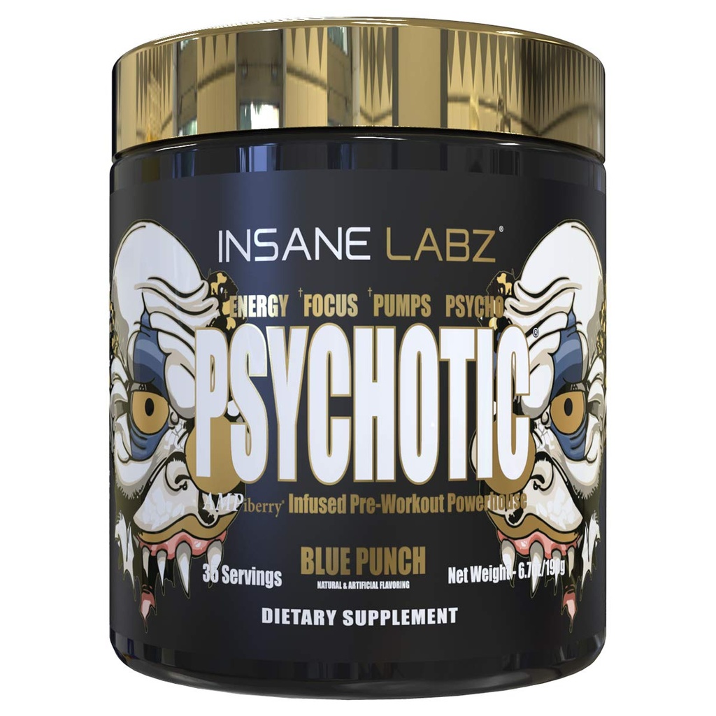Loucura Labz Psychotic Gold, pó pré-treino altamente estimulante, Extreme Lasting Energy Focus, bombas e resistência com Beta Alanine, DMAE Bitartrate, NO Booster (35 Servings, Blue Punch)