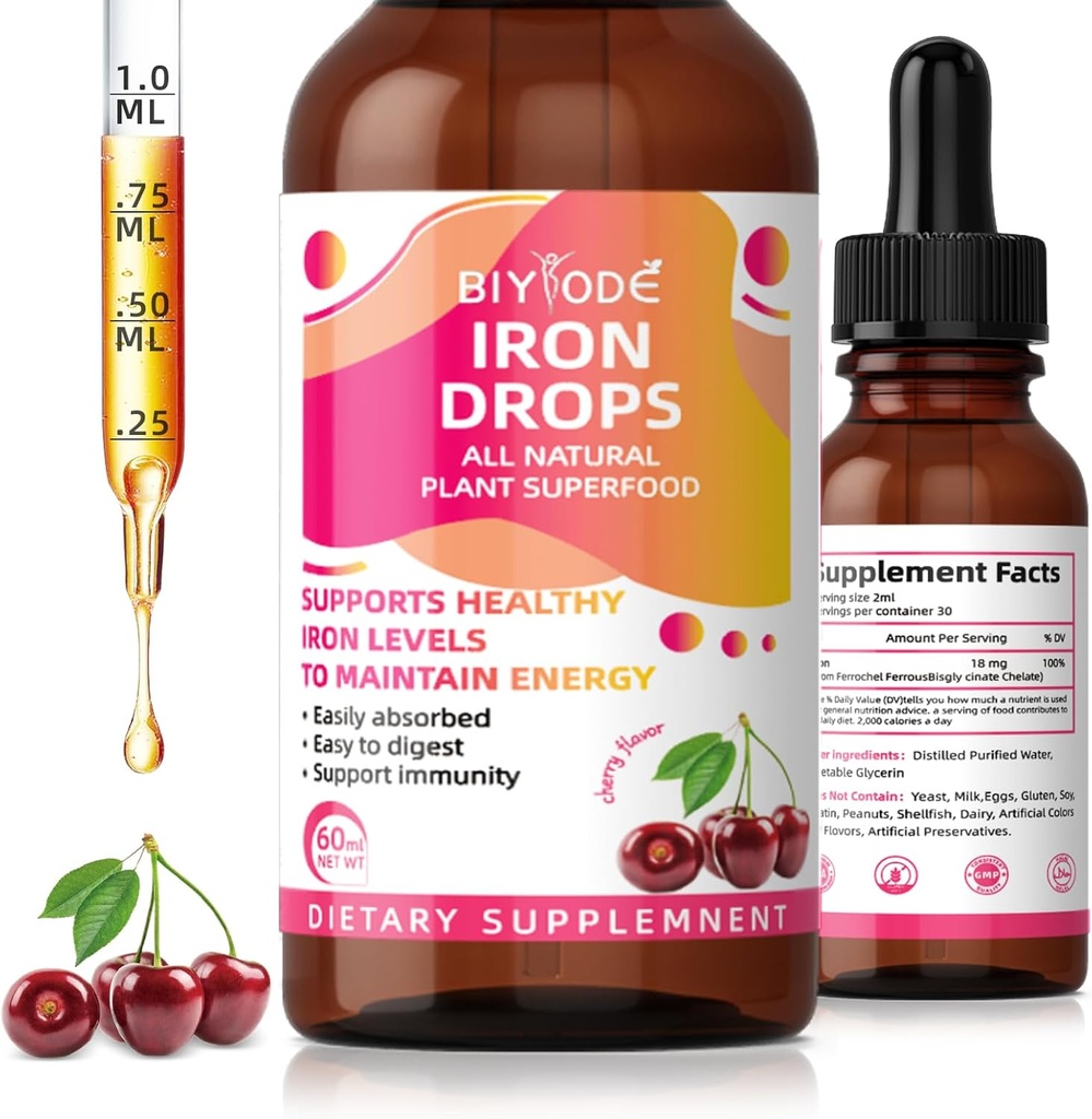 Suplemento de ferro para Mulheres Gotas: Suplemento de ferro líquido com vitamina C B12 e ácido fólico gentil Absorção Apoio Energia Fórmula Vegan não-constipante gotas de açúcar