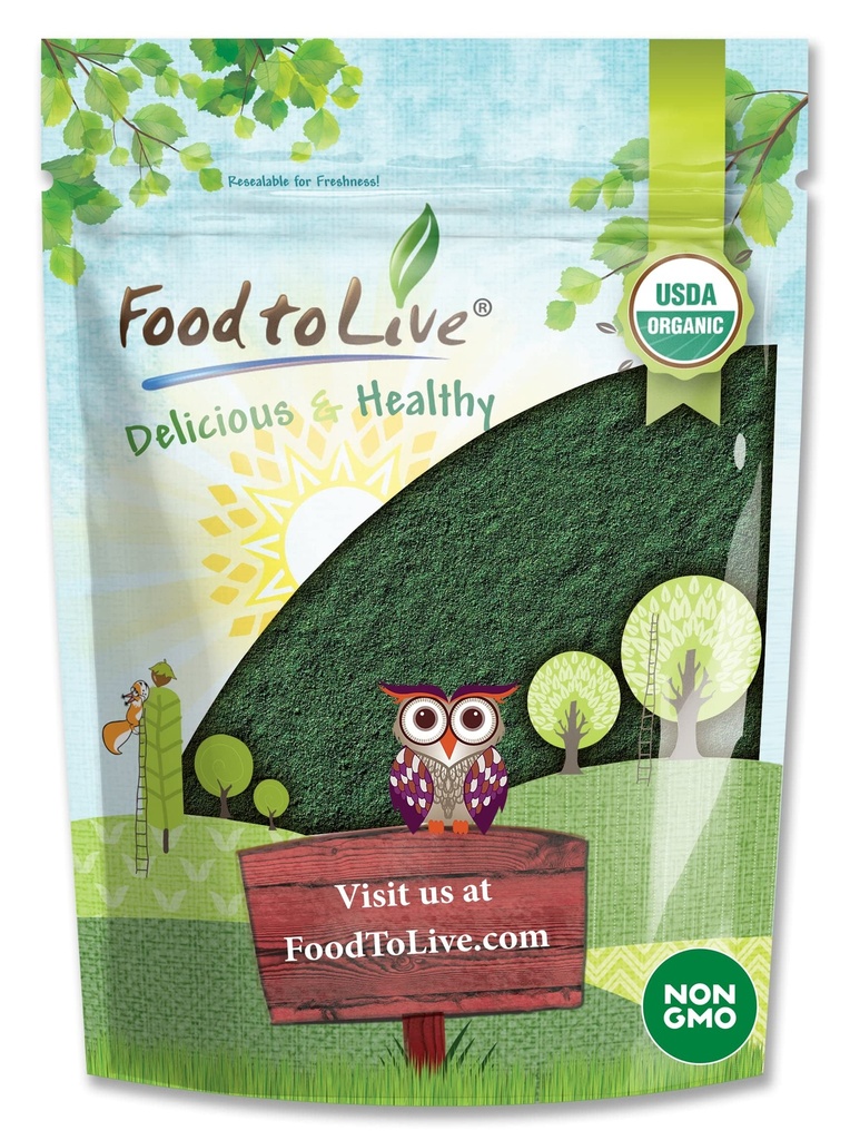 Comida para viver espirulina orgânica em pó, 4 onças – Não-GMO, Kosher, Alga verde-azul cru, Superalimentar Vegan, A granel, Não-irradiado, Pura proteína Vegan Verde, Rico em vitaminas e minerais, Ótimo para bebidas