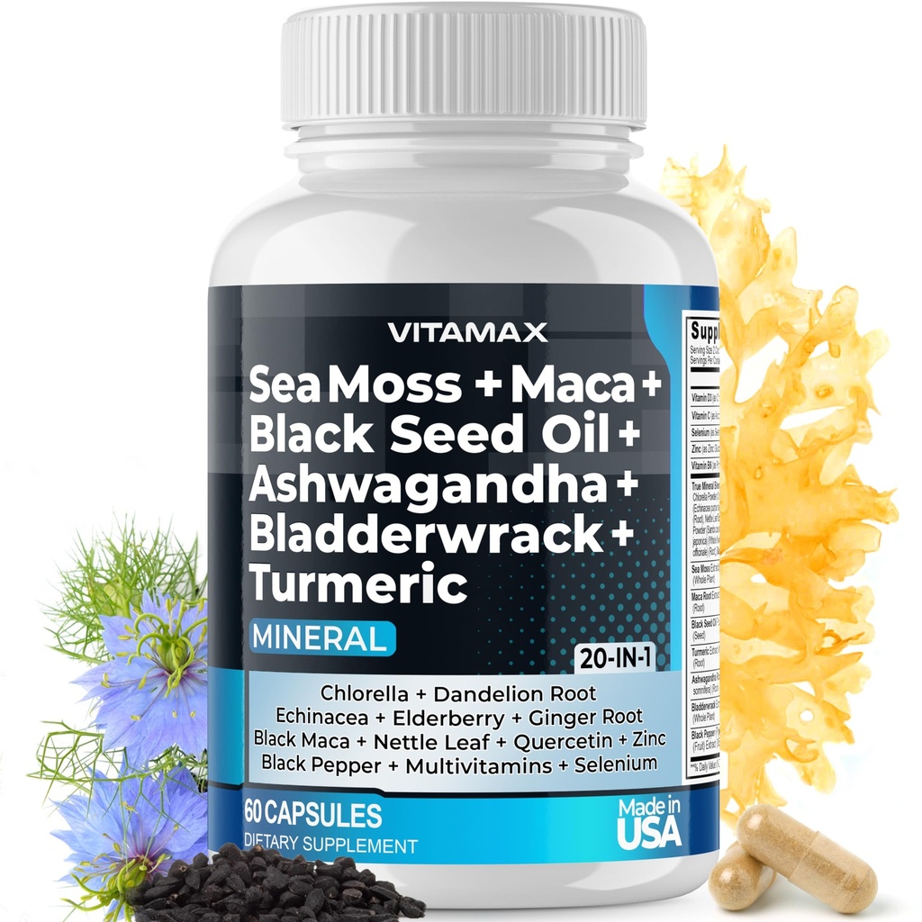Sea Moss Maca Black Seed Oil Ashwagandha Bladderwrack Açafrão - Manuka Honey, Elderberry, Vitamina C & D3, Dandelion & Black Pepper - Não-GMO - Vegan - Made in USA - 60ct