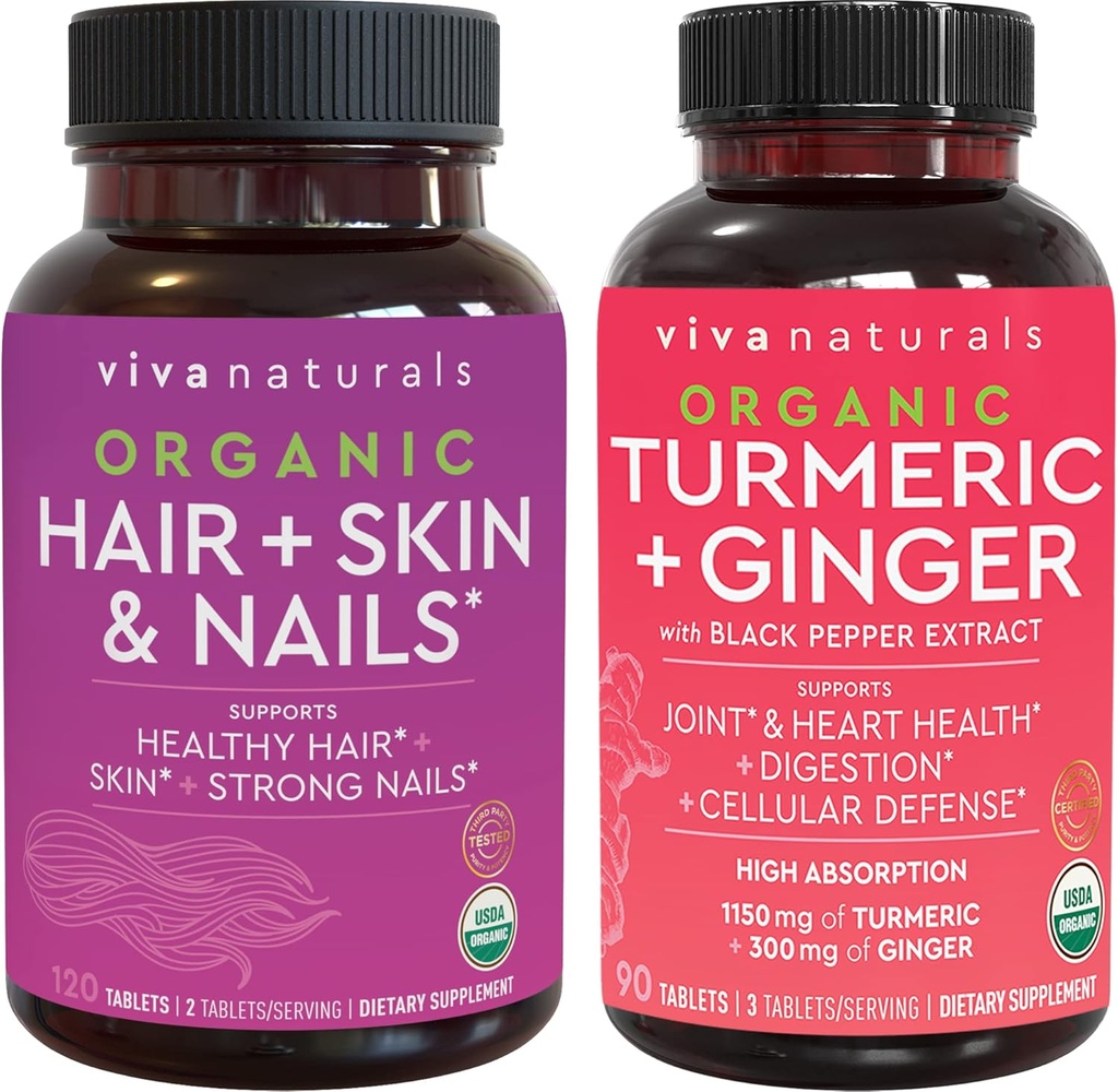 Pele e unhas de cabelo orgânicos Vitaminas + Açafrão orgânico com pimenta preta e pacote de gengibre, feito com biotina 5000mcg para cabelos saudáveis, açafrão para suporte comum natural