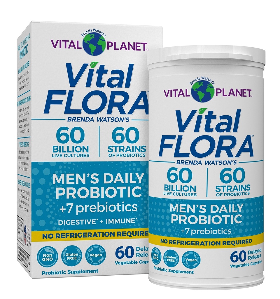 Planeta Vital - Flora Vital Probióticos para Homens, 60 bilhões de UFC, 60 Deformações Diversas, 7 Prebióticos Orgânicos, Prateleira diária masculina Probiótico estável para suporte imunológico, Alívio de Gás, Saúde Digestiva 60 Cápsulas