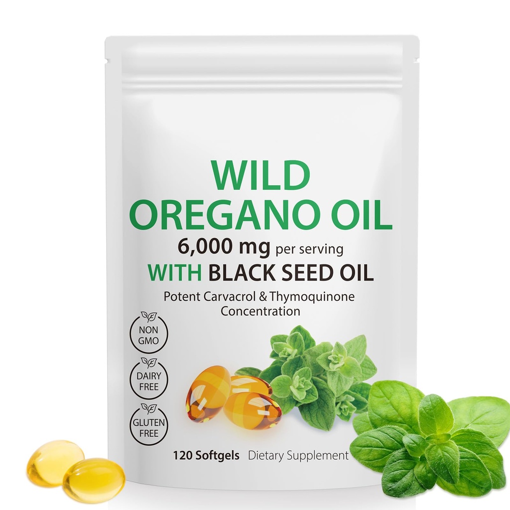 Óleo de Orégano Softgels - Óleo de Orégano Selvagem 6.000mg com óleo de semente preta 200mg Cápsulas, 120 Conde, Carvacrol Potente e Timoquinona, Não-GMO, Leite Livre, Sem glúten