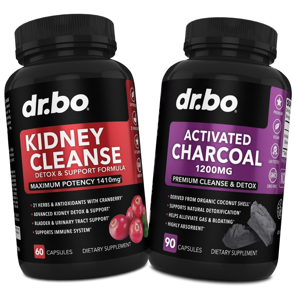 Rim Cleanse Detox & Carvão Ativado - Natural Cranberry & Uva Ursi Extract para apoiar Rim, Bladder & Urinary Tract Health - Pílulas de carvão de coco para estômago Gás e Bloating Support