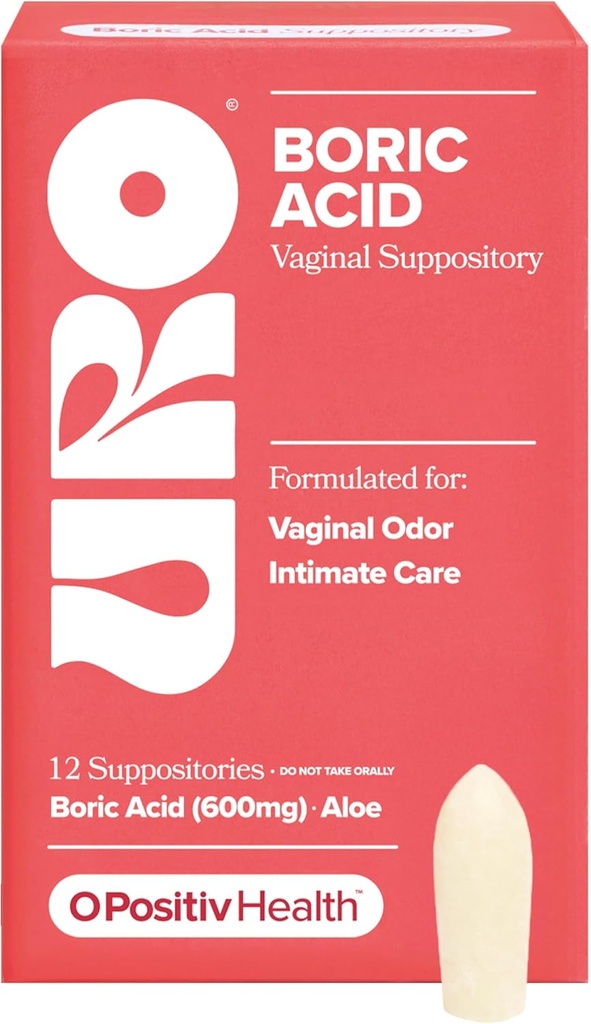 O Positiv URO ácido bórico Supositório vaginal – com ácido láctico, e Aloe para rápido alívio e controle Odor vaginal – Vegan, livre de parabenos, tintas e fragrâncias – 12 Conde (Pacote de 1)