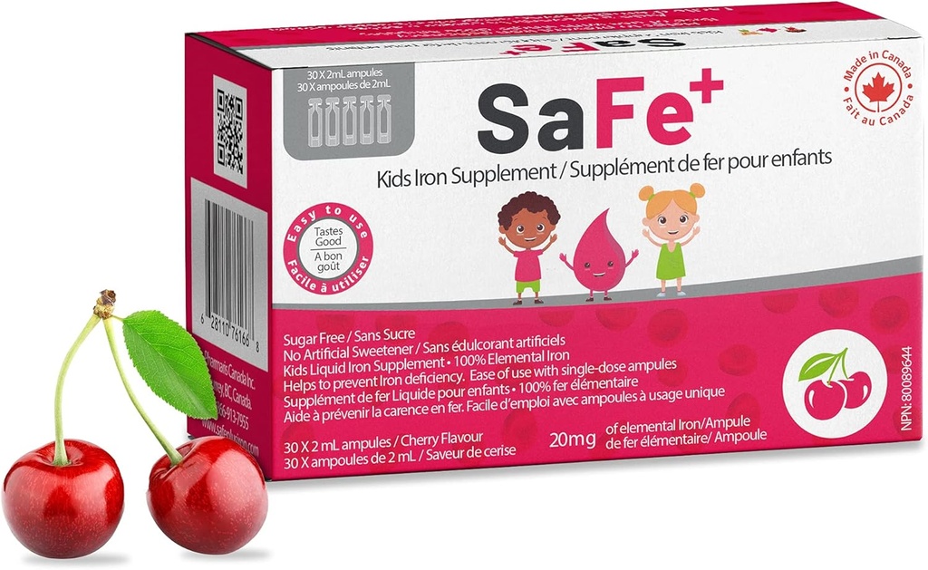 SaFe+ Ferro Líquido para Crianças □ Grande sabor de cereja de degustação □ Fácil de usar 20mg/2mL Ferro por ampola □ 30 Doses de unidade (2 ml cada) I Açúcar Livre & Alergénio Livre I Manter bem-estar físico e mental
