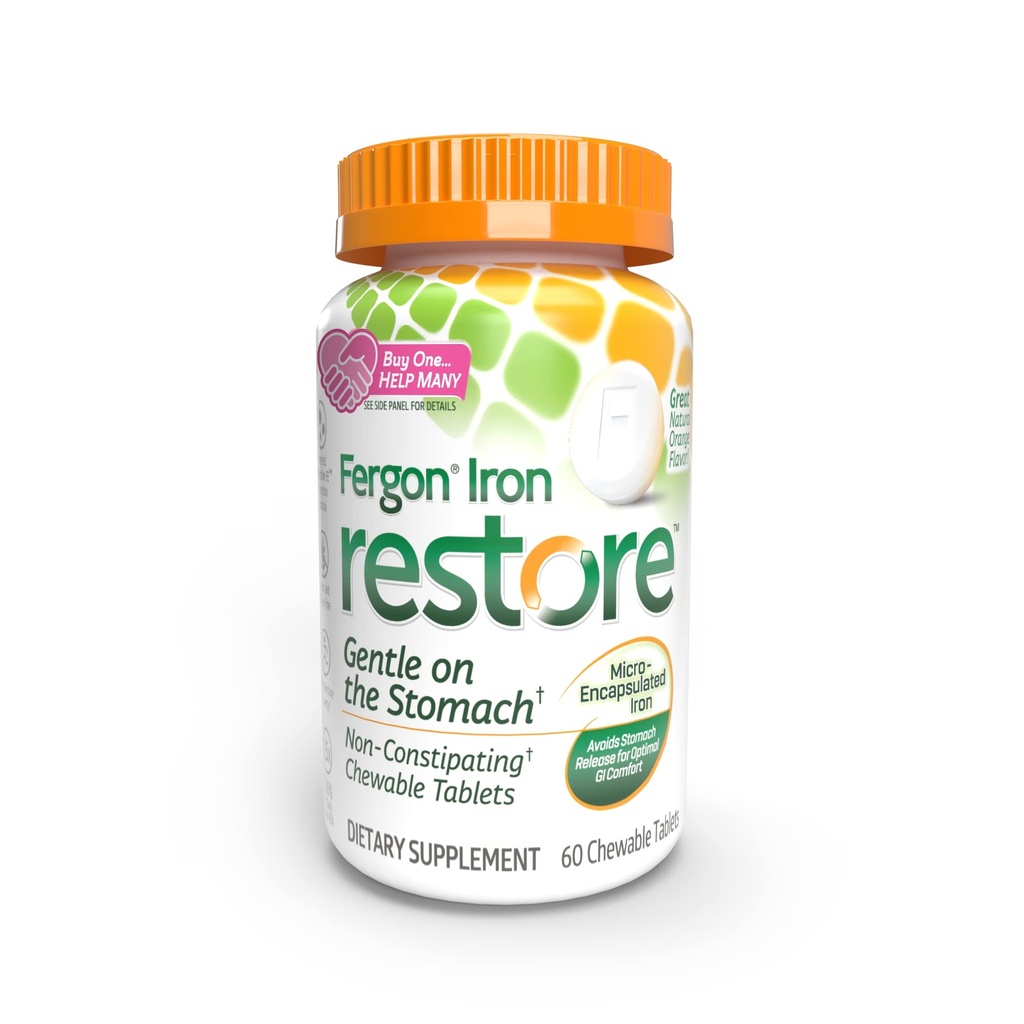 Fergon Ferro Restaurar Comprimidos Mastigáveis - Gentil em Estômago, Não Constipante - 27mg Ferro para Suporte Energético - 60 Comprimidos
