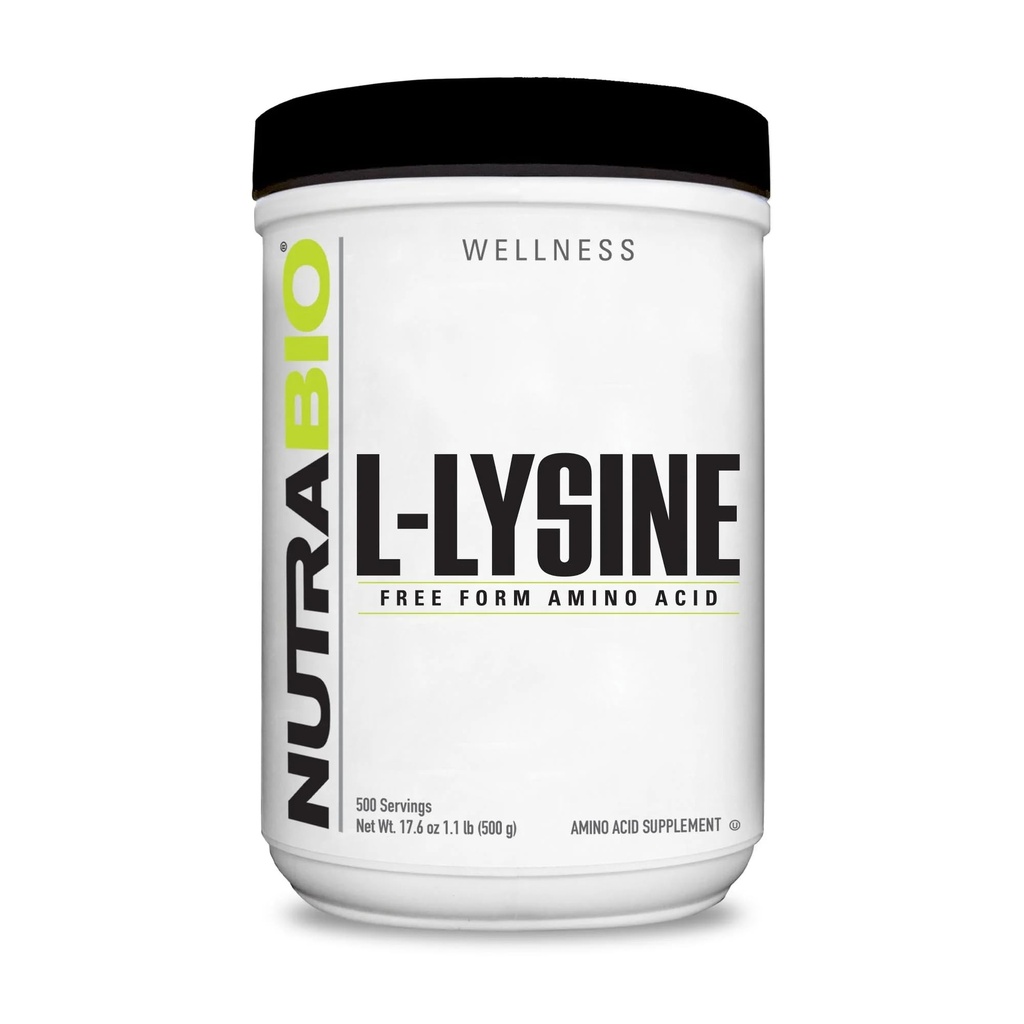 NutraBio L-Lysine Powder 500g – Aminoácido Essencial para Metabolismo de Proteínas, Suporte a Colágeno, & Saúde Imune – Pura, sem sabor, Não-GMO, Vegan- 500 Servings