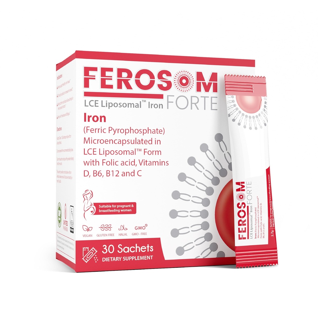 LCE Pó de ferro lipossômico – 21mg Ferro elementar com vitaminas B12, B6, C, D & Ácido Fólico – Gentil Berry-Flavored Suplemento Bebida, 30 sachês Vegan