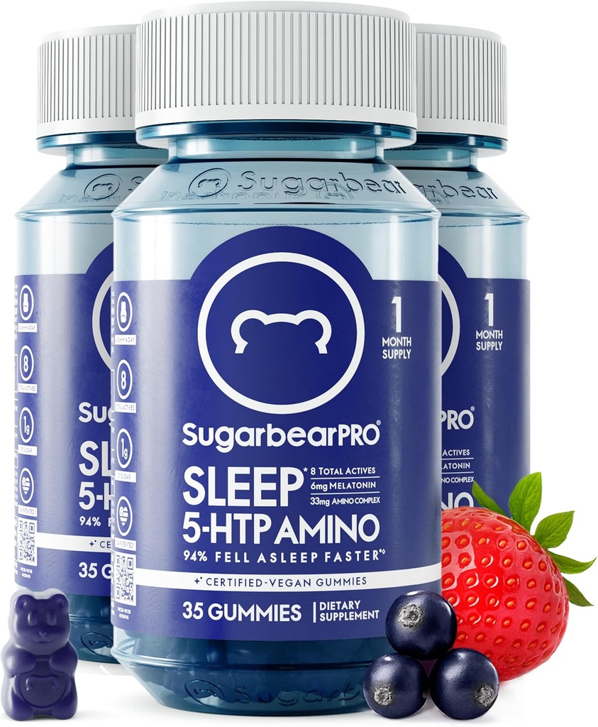 Suprimento de açúcar urso sono Gummy 3 meses, Melatonina força extra 6mg, para homens e mulheres, Vegan Vitamina B6, L-Theanina, 5 HTP, Valerian, Ajuda ao sono para adultos e adolescentes, Certificado Kosher, Halal, Cruelty-Free