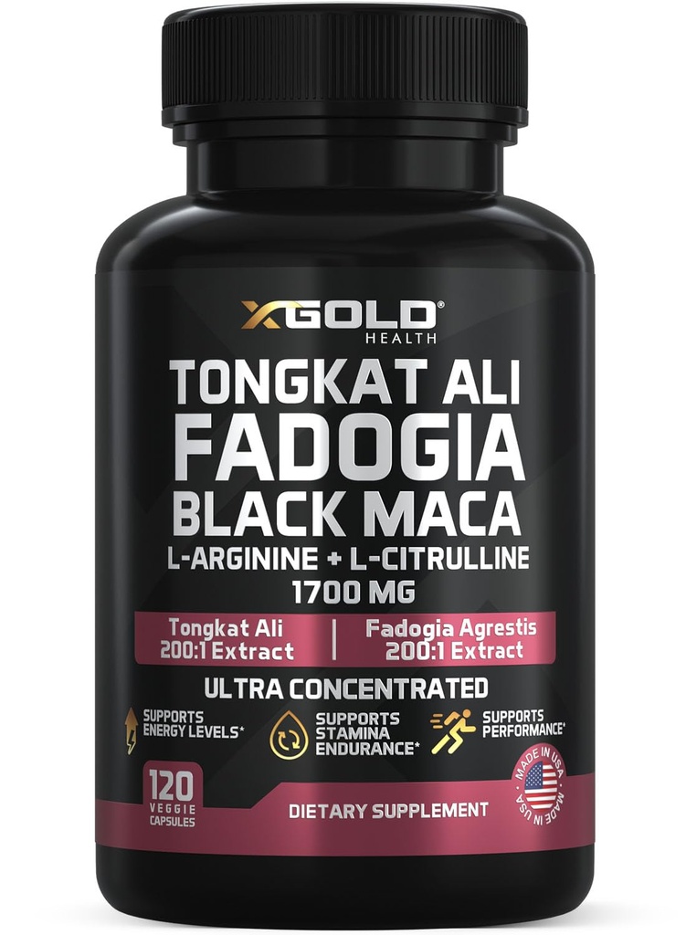 X Gold Health Tongkat Ali + Fadogia Agrestis + Black Maca – Energia, Vitalidade & Stamina Booster para homens e mulheres feitos nos EUA