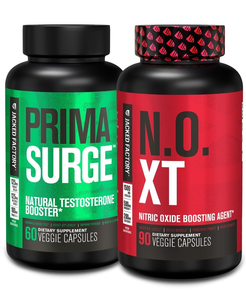 Impulso de testosterona para homens PRIMASURGE (60 cápsulas) & N.O. XT Suplemento de óxido nítrico (90 cápsulas) para o crescimento muscular, bombas, & Energia