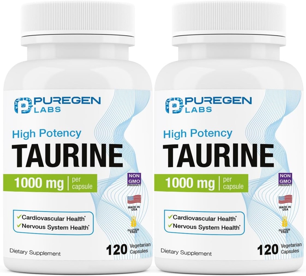 Puregen Labs Taurine 1000mg [High Potence] Total 240 Veg Cápsulas □ Não Aditivos Nocivo □ Não-GMO, NÃO Gluten e Dairy, Suporta Saúde do Coração e Recuperação Músculo □ Made in USA