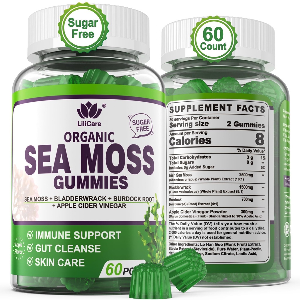 Gummies Sea Moss - Pastilhas Irish Sea Moss para Adultos e Crianças - Advanced Superfood Seamoss Supplement with Organic Bladderwrack & Burdock Root Extract,ACV for Daily Immune, Gut Cleanse, Vegan, 60 Condes