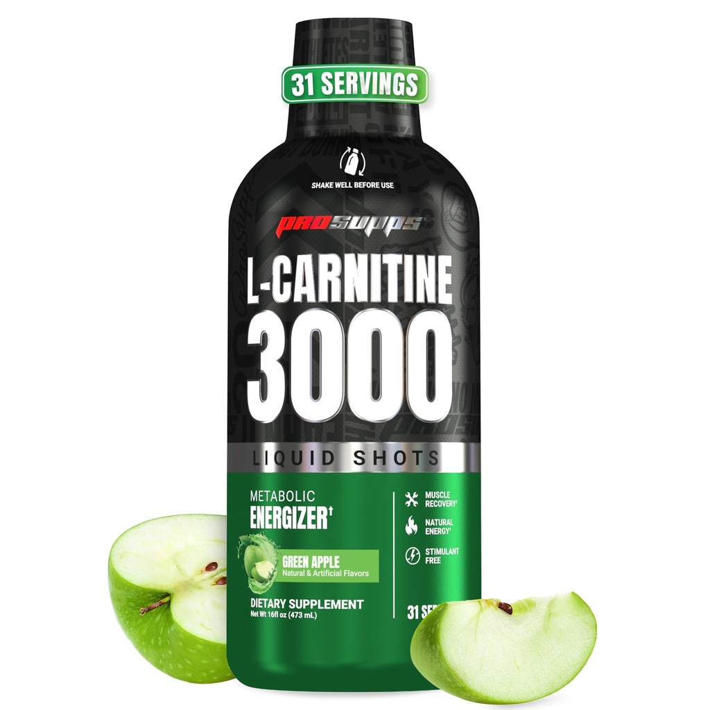 PROSUPPS L-Carnitina Líquido 3000, Estimulante-Liquido Tiros para homens e mulheres - Clean Workout Drink for Energy, Performance & Muscle Recovery - Sem açúcar, Sem carboidratos - 31 Servings, Green Apple