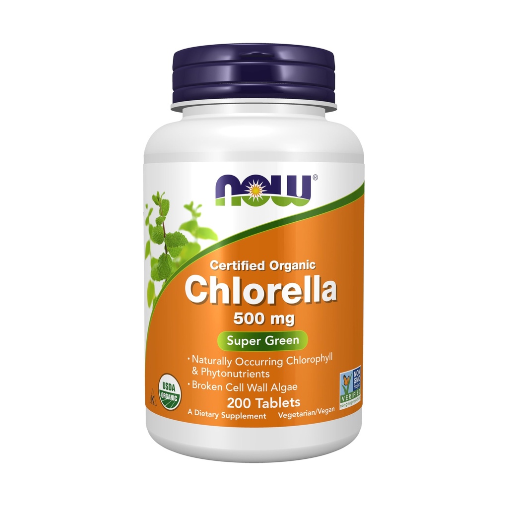 Now Alimentos Suplementos, chlorela orgânica 500 mg com clorofila natural, beta-caroteno, carotenóides mistos, vitamina C, ferro e proteína, 200 comprimidos