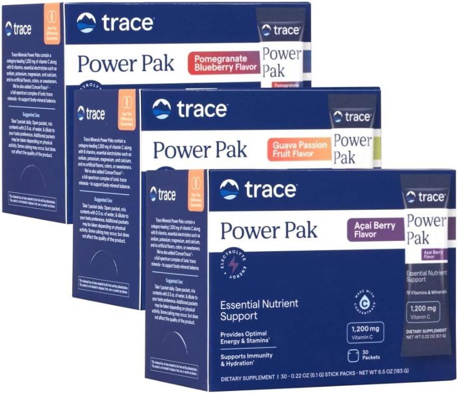 Trace Minerals Power Pak Pacotes multivitamínicos e multiminerais - Suporte eletrolítico - 1200 mg Vitamina C Plus 70 Acai Berry, Blueberry Romã e variedades de goiaba - 90 Packets