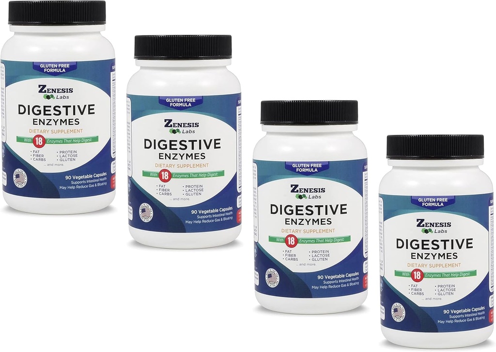 Zenesis Labs Enzimas Digestivas - com Amylase, Bromelain, Protease, Lipase & 14 Outras Enzimas Bulk 360 Fonte da cápsula (4 Frasco - 90 Cápsulas / Garrafa)